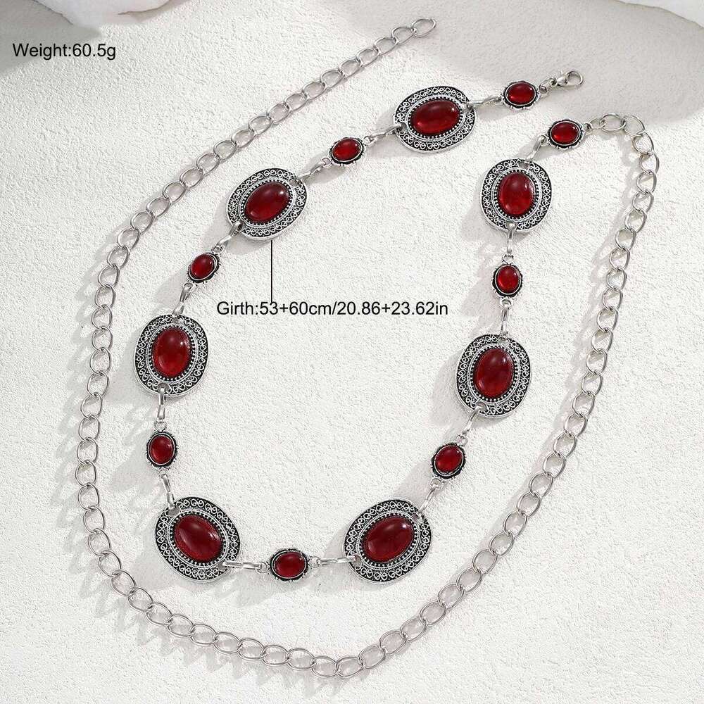 Fashion Oval Wine Red Crystal Metal Waist for Women Retro Exquisite Silver Color Belt Chain French Style Body Jewelry Gift S260304