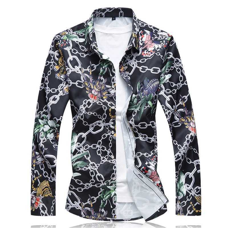 White Men Long-sleeves Printed Shirt Asian Size Loose Fit Shirts Fashion Casual Chemise Single-breasted Lapel Camisa M-7XL M260305
