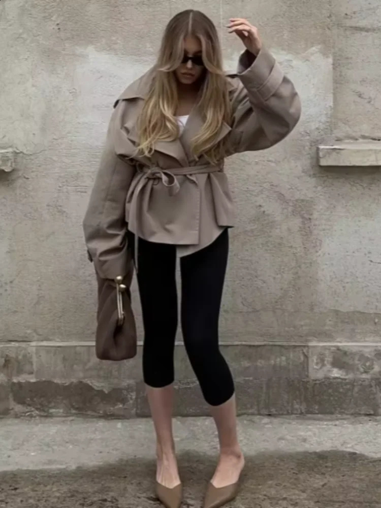 Womens Fashion Solid Windbreaker Lapel Full Sleeve Button With Belt Loose Coat 2025 Office Lady Daily Commute Overcoats 260228