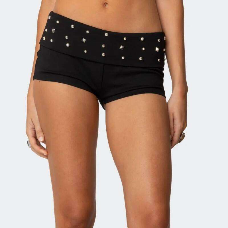 Women Y2K Studded Foldover Sexy Low Rise Slim Fit Pj Micro Casual Stretchy Yoga Shorts Loungewear XJ260305