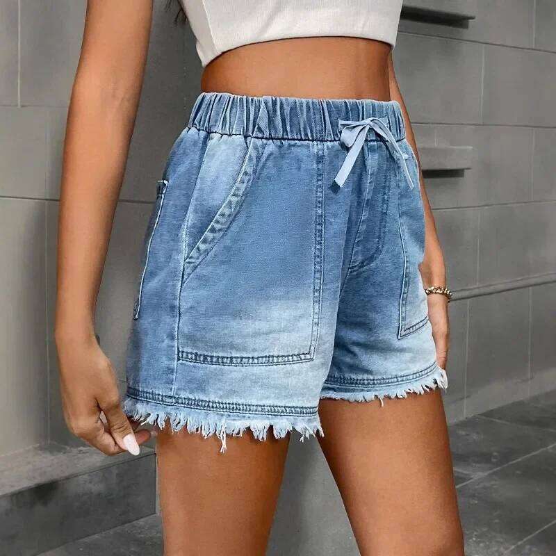 Women Denim Shorts Drawstring Elastic Hight Waist Pants Casual Baggy JEANS withPocket Tassel Hem Summer Blue Trendy Streetwear XJ260305