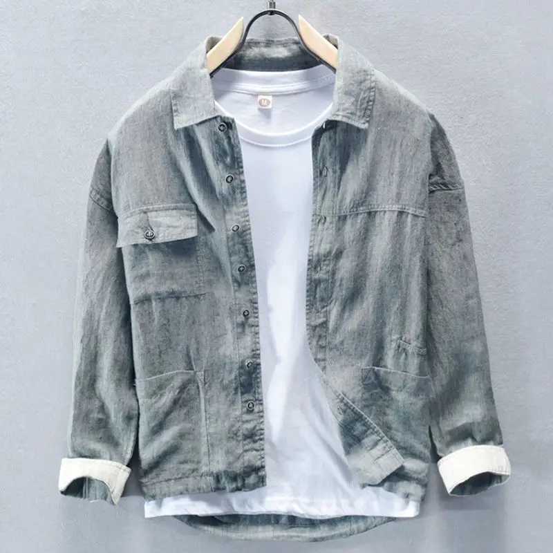 Spring Autumn New Fashion Turn-down Collar Long Sleeve Solid Fiberflax Jackets Mens Clothing Button Casual Loose Korean Tops M260305
