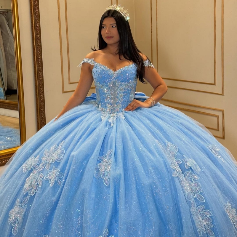 Blue Shiny Quinceanera Dresses Ball Gown Off The Shoulder Applique Flower Beading Crystal Bow Tull Corset Party Birthday Sweet 16 Dress Vestidos 15 De