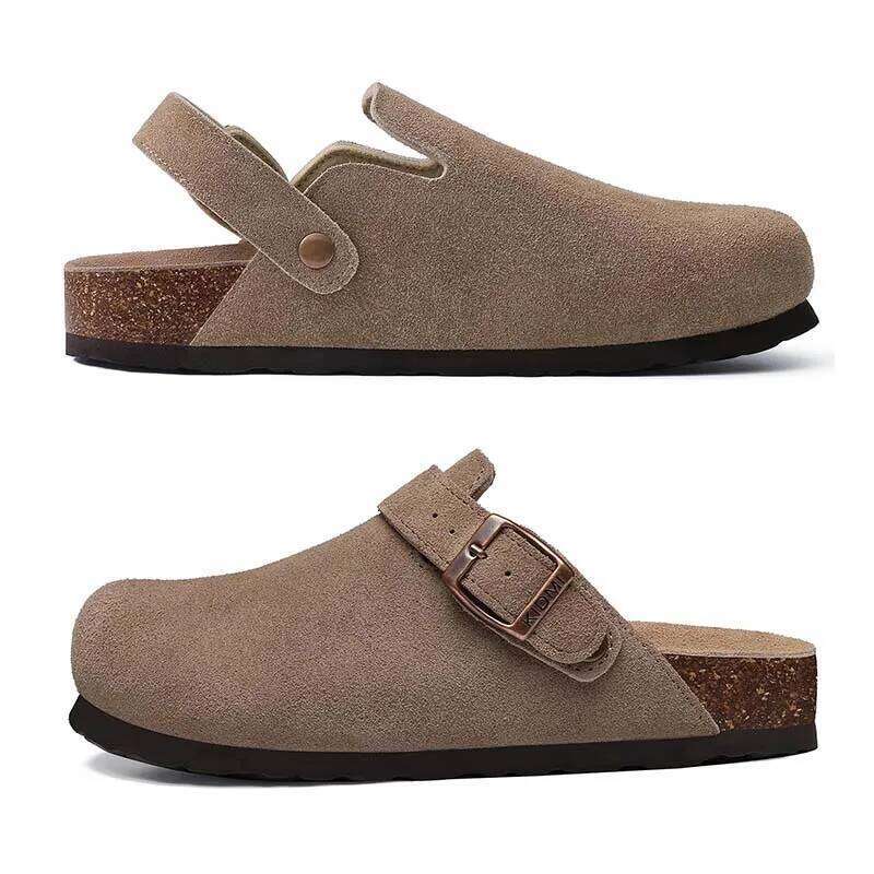 Kidmi Women's Cow Suede Clogs With Adjustable Strap Indoor And Outdoor New Beach Cork Footbed Leather Mules Slip On Potato Shoes