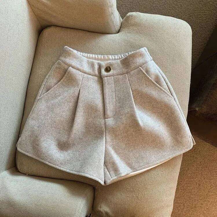 Autumn Winter Shorts Women Simple Solid Pocket High Waist Split Wide Leg Short Pants Retro Fashion Versatile Ropa Mujer XJ260305