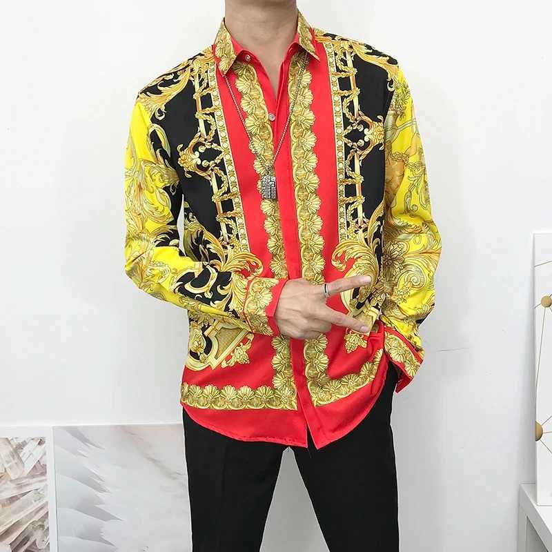 Casual Gold Retro Print Shirt Summer Mens Long Sleeve Shirt 3D Printed Lapel Shirt Mens and Womens Fashion Shirt Long Sleeve M260305