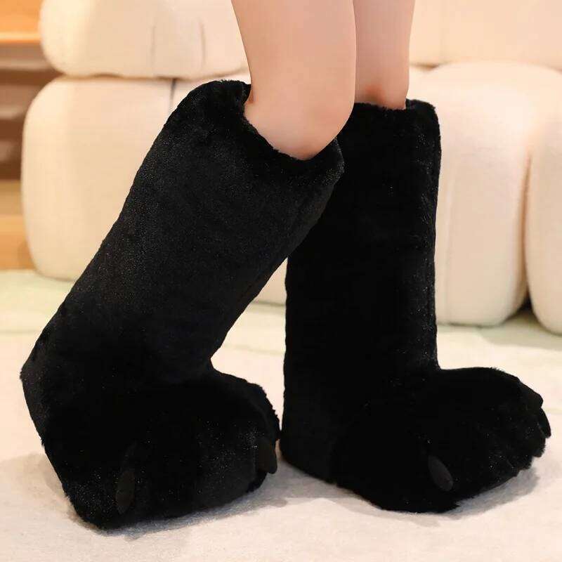 Cute Cartoon Paw Faux Fur Woman Winter Home Floor Fluffy Slippers Soft Plush Girls Indoor Snow Boots Funny Party Shoes