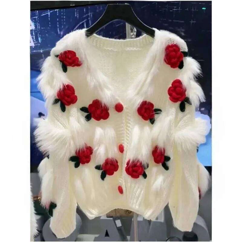 Women's New Sweet 3D Hook Flower Sweater 2025 Autumn Female loose Splicing Hairy Rose Blossoms Top XJ260305