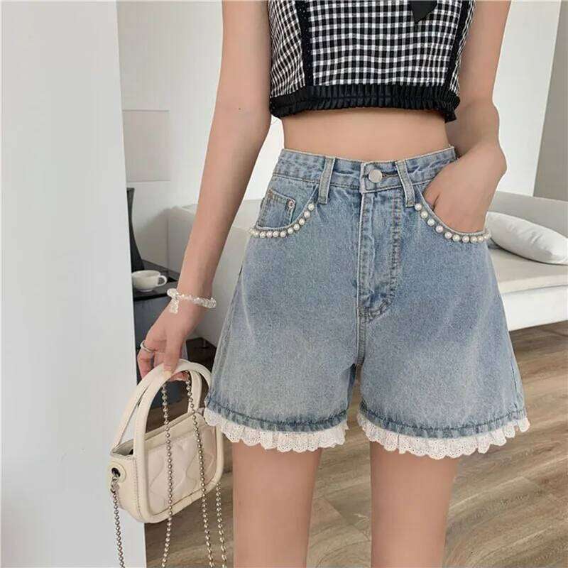 Summer Lace Trimmed Patchwork Women's Denim Short Pants 2025 High Waist Casual Loose thin Jeans Wide Leg Shorts Retro for Women XJ260305
