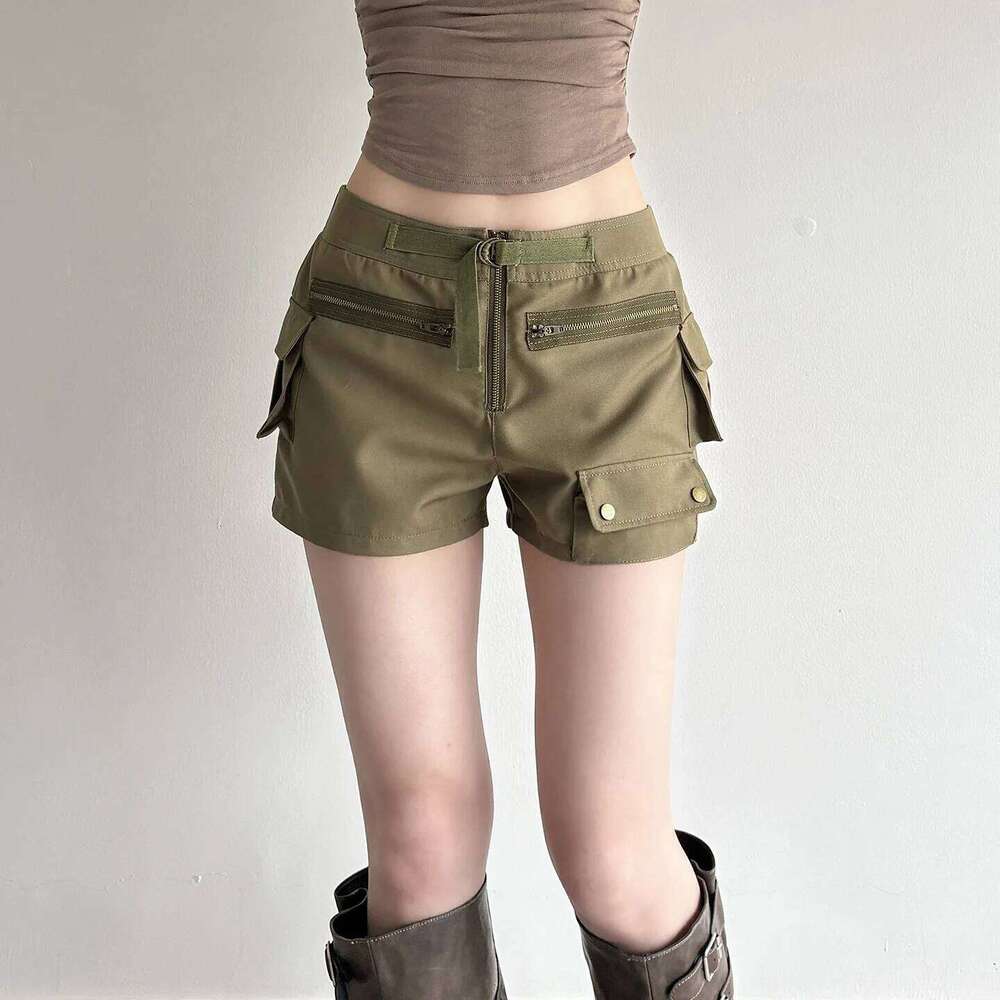 Retro Low-rise Cargo Multi-pocket Splicing Straight Wide-leg Slim-fitting Hot Pants Shorts for Women XJ260305