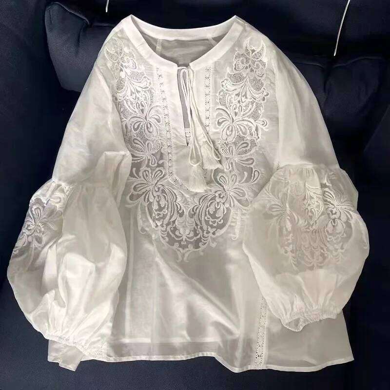 Mardi Hefxessdr Fashion Designer Blouses Spring Tops Women Lurex Embroidery Long Sleeve Casual Loose White Cotton Blouse Chinese style shirt women