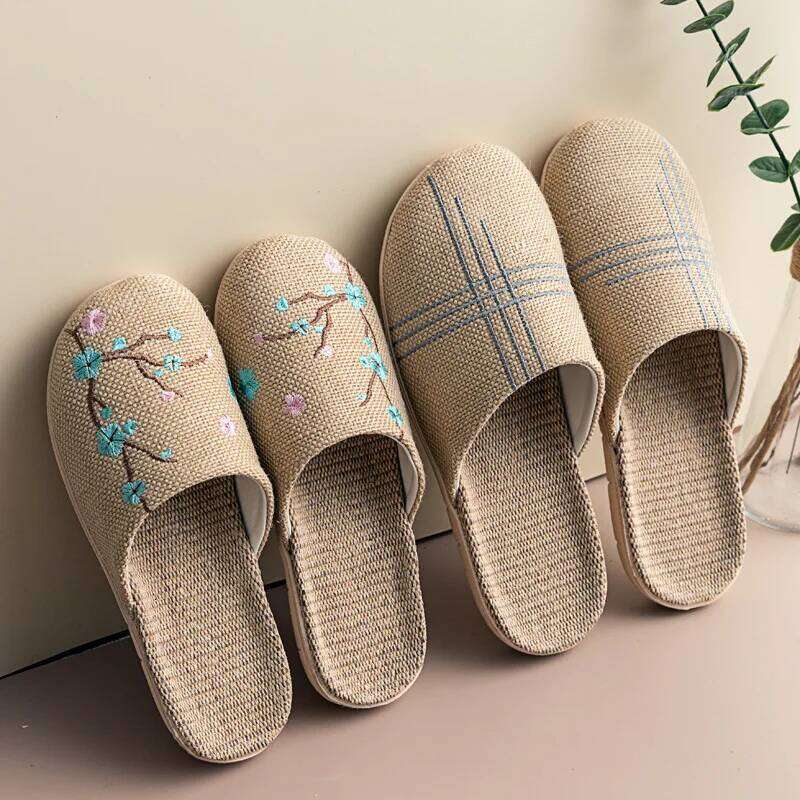 Chinese Style Indoor Linen Slippers For Women Men 2025 Spring Summer Shoes Ani-slip Light Weight Embroidery Couples Home Slides