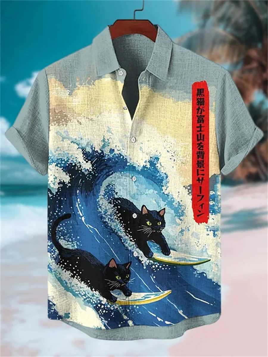 New mens short-sleeved shirt with cartoon cat print casual and breathable loose fit stylish outdoor Hawaiian shirt M260305