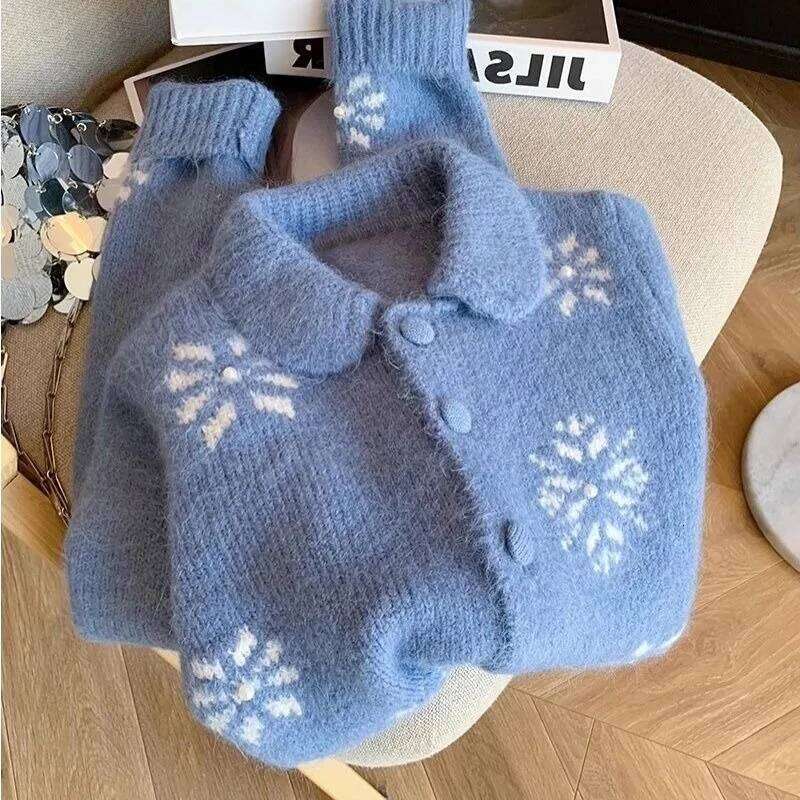 Korean Style Sweet Blue Crocheted Peter Pan Collar Cropped Sweater Cardigan Women's Autumn 2024 New Long-sleeved Top XJ260305