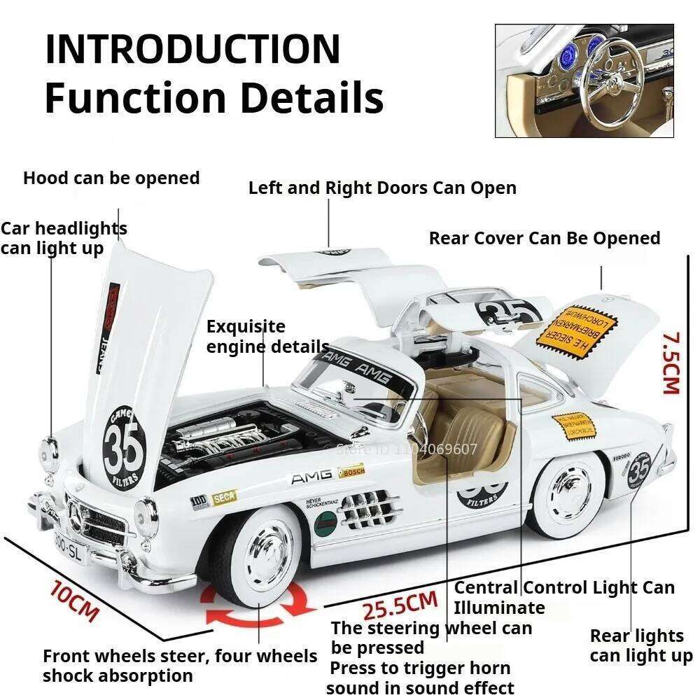 1:18 300SL Alloy Cars Diecast Models Toys Front-wheel Steering Four-wheel Suspension Vehices Vintage Ornament Collection L260520