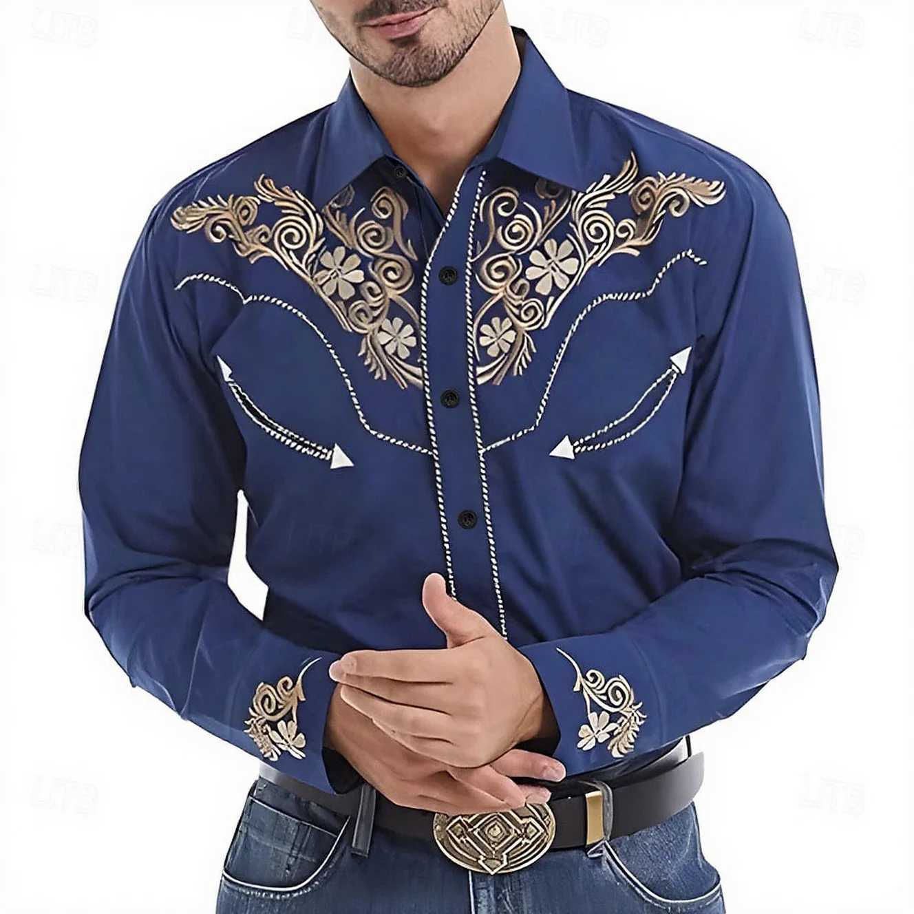Mens ethnic style European court pattern 3D printed dark shirt long sleeve lapel retro shirt business casual fashion outdoor to M260305