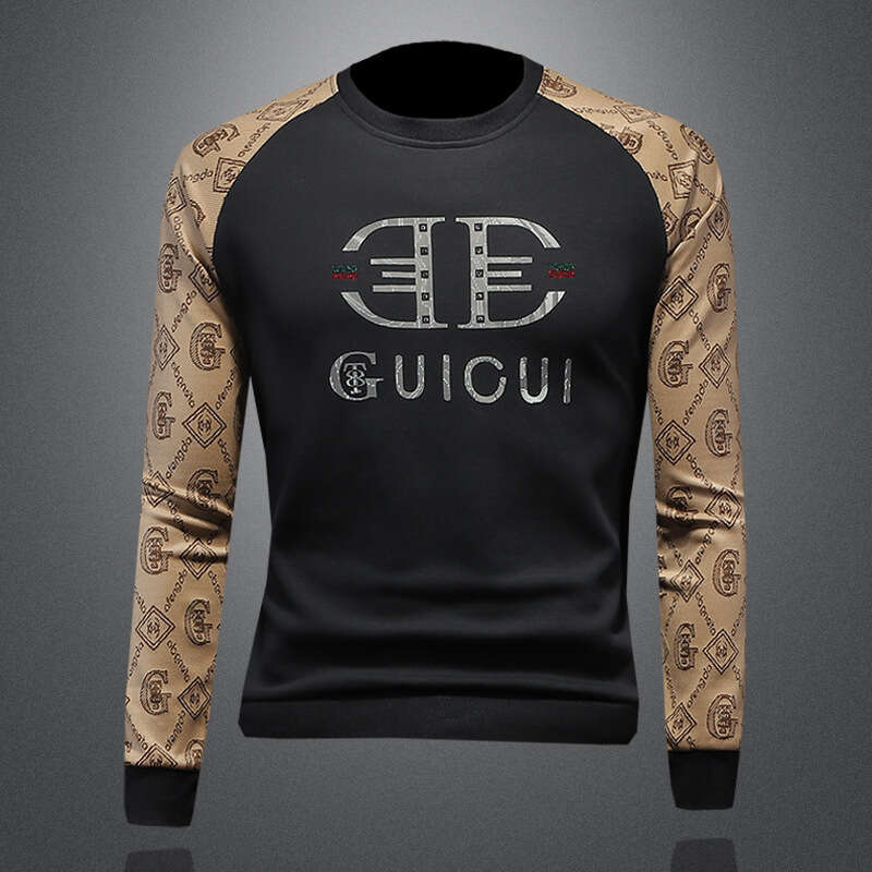 American European Autumn New Men's Round Neck Printed Sweatshirt Large Size High-End Luxury Patchwork Casual Base Shirt Trendy Luanyun