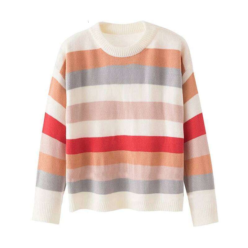 Multicolor Striped Pullovers Women Long Sleeve Crew Neck Rainbow Knitted Sweater Cozy Jumper Fall Winter Ladies Casual Outfit XJ260305