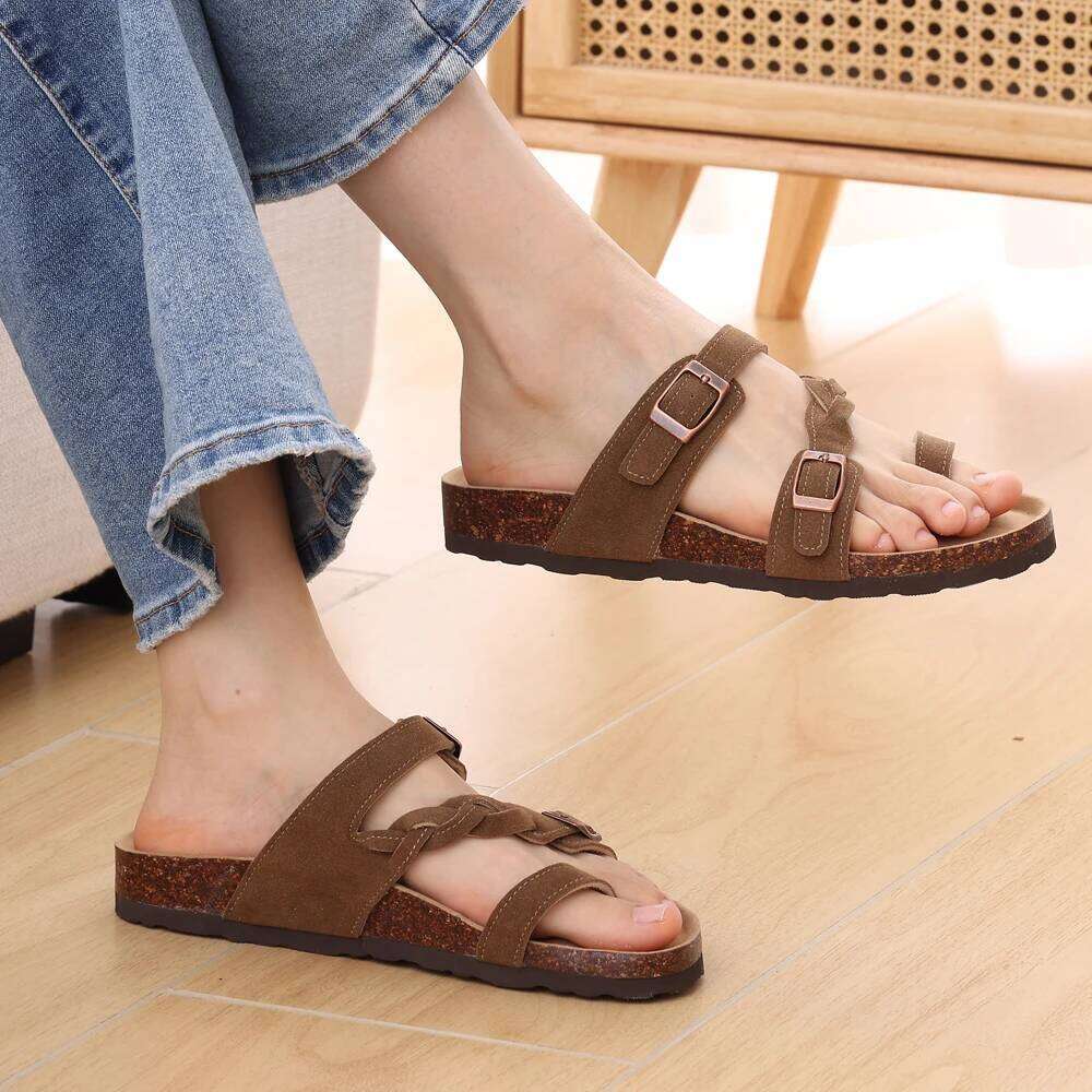 Kidmi Summer New Women's Cork Footbed with Arch Support Comfortable Slip-On Slide Sandals With Double Adjustable Buckles