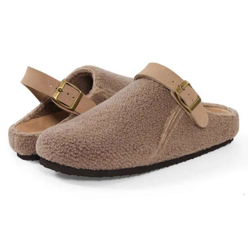 Kidmi Winter Plush Lining For Womens Non-slip Platform Indoor Slides Furry Cozy Outdoor Slippers With Adjustable Buckle