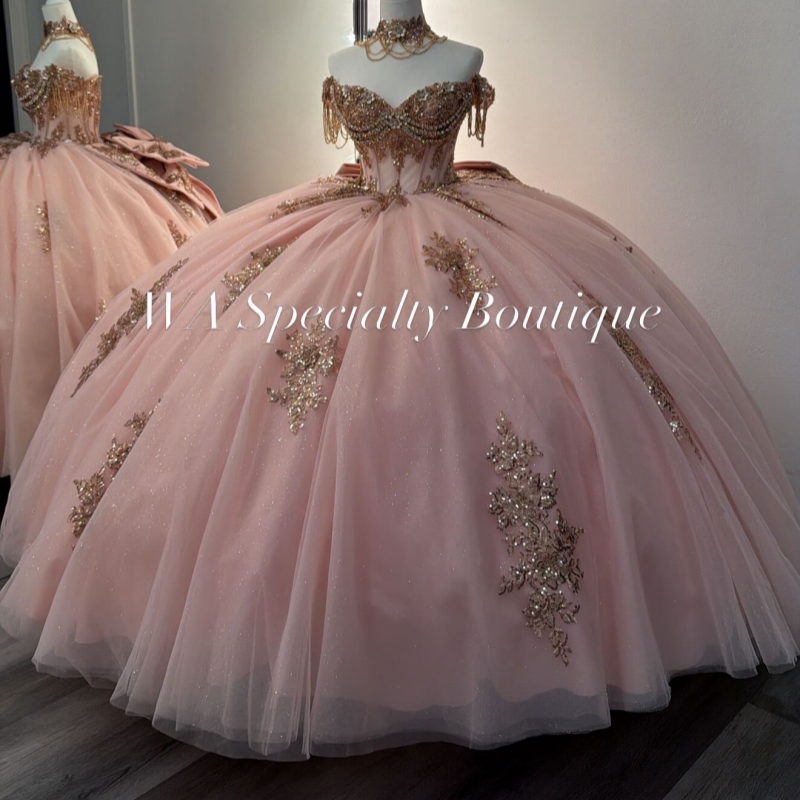 Pink Quinceanera Dresses Ball Gown Off The Shoulder Applique Lace Beading Crystal Bow Tull Corset Party Birthday Sweet 16 Dress Vestidos 15 De Anos
