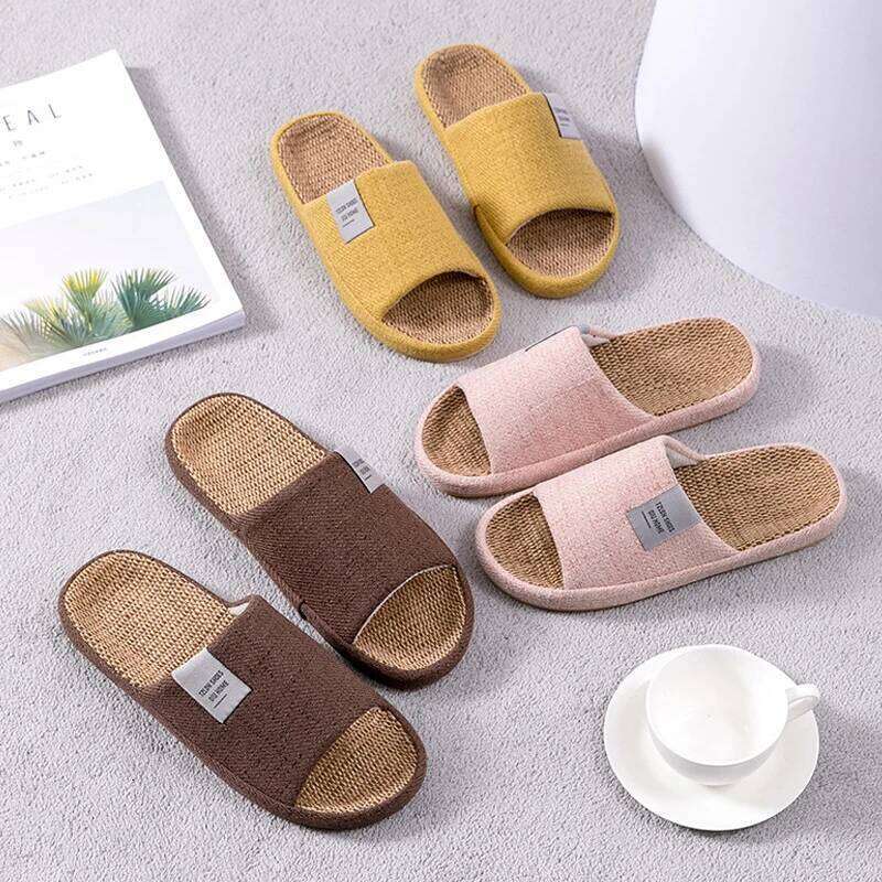 Breathable Flax Slippers Women Men Indoor Mute Slipper Anti-slip Lovers House Floor Shoes Soft Ladies Summer Home Slides