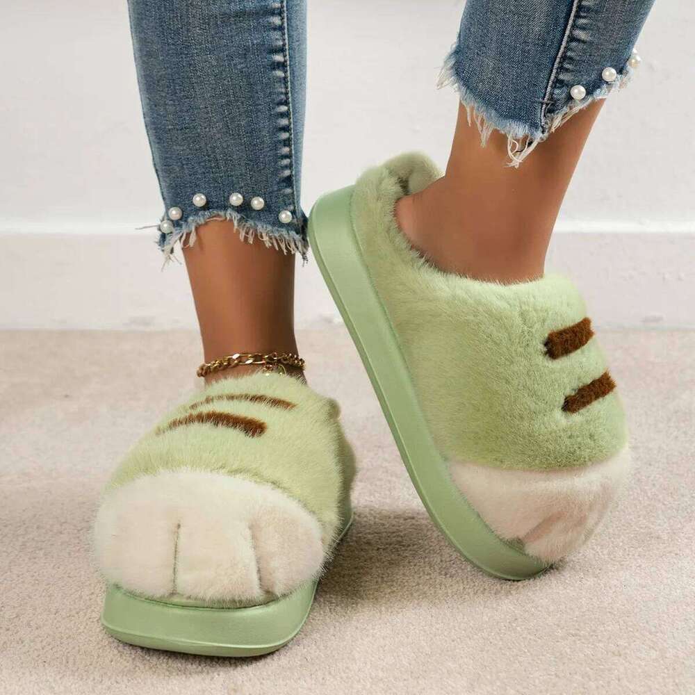Women Indoor Fluffy Slippers Cute Cartoon Paw Winter Warm Shoes Female Thick Sole Light Weight Soft Faux Fur Home Floor Slipper