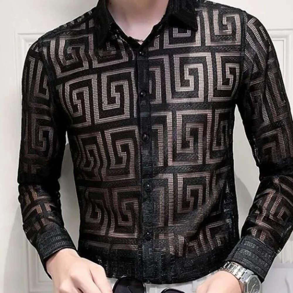 Men's Clothing Spring And Autumn Hollow Long-Sleeved Shirts Fashion Brand Handsome Lapel Printed Top