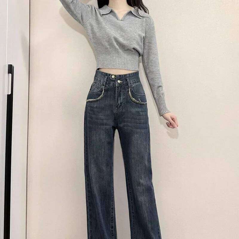 Korean Chic Turndown Collar Sweaters Female Gray Slim Fit Long Sleeve Cropped Sweater for Woman Streetwear Knit Pullovers XJ260305