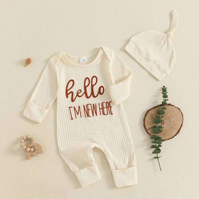 Newborn Baby Boy Fall Clothes Casual Letter Embroidery Long Sleeve Ribbed Romper Jumpsuit and Hat 2Pieces Set for Infants Z260304