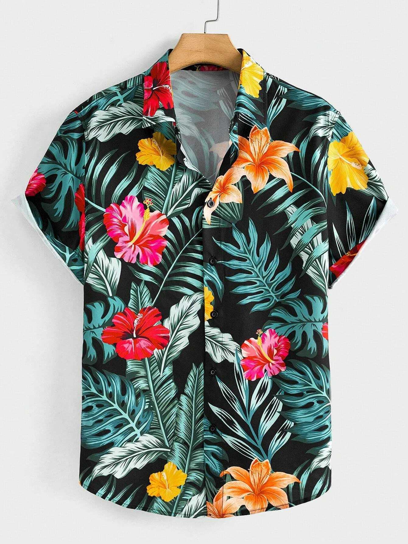 Hawaiian Botanical Flower Print Mens and Womens Short Sleeve Lapel Shirt Seaside Button-Down Shirt Top M260305