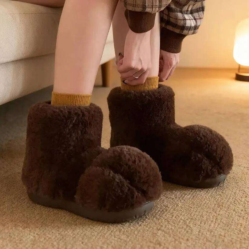 Cute Cartoon Cat Paw Fluffy House Shoes Woman Indoor Cotton Slippers Warm Faux Fur Anti-slip Female Home Street Snow Boots