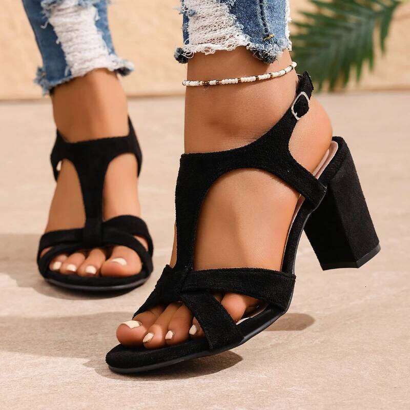 2025 New Women's One-Strap Buckle High Heel Sandals, Outdoor Toe-Exposing Anti-Slip Casual Flats