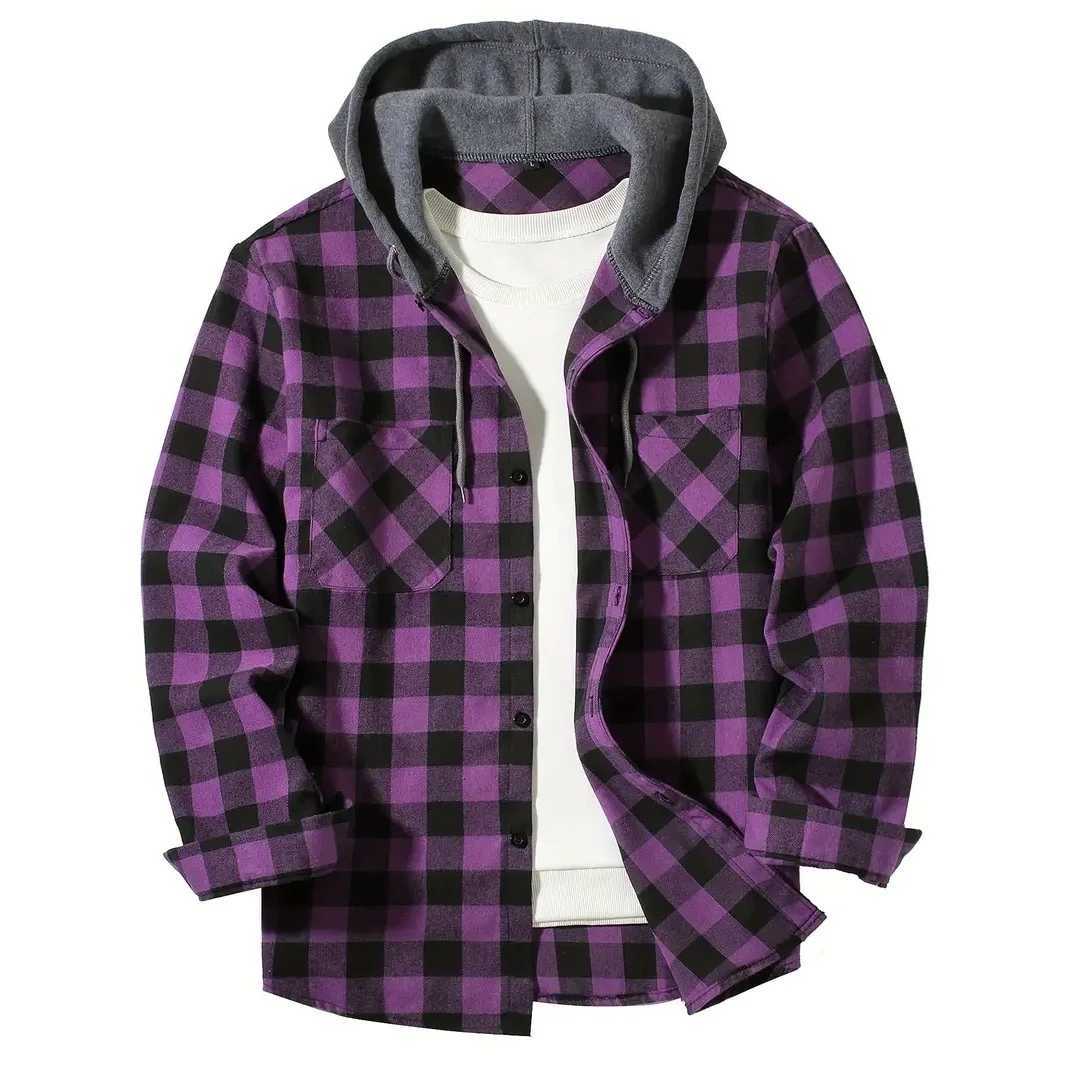 Mens Shirts Classic Plaid Casual Button Down Hooded Long Sleeved Double Pockets Shirt Hoodie Flannel Jacket Spring Autumn Tops M260305