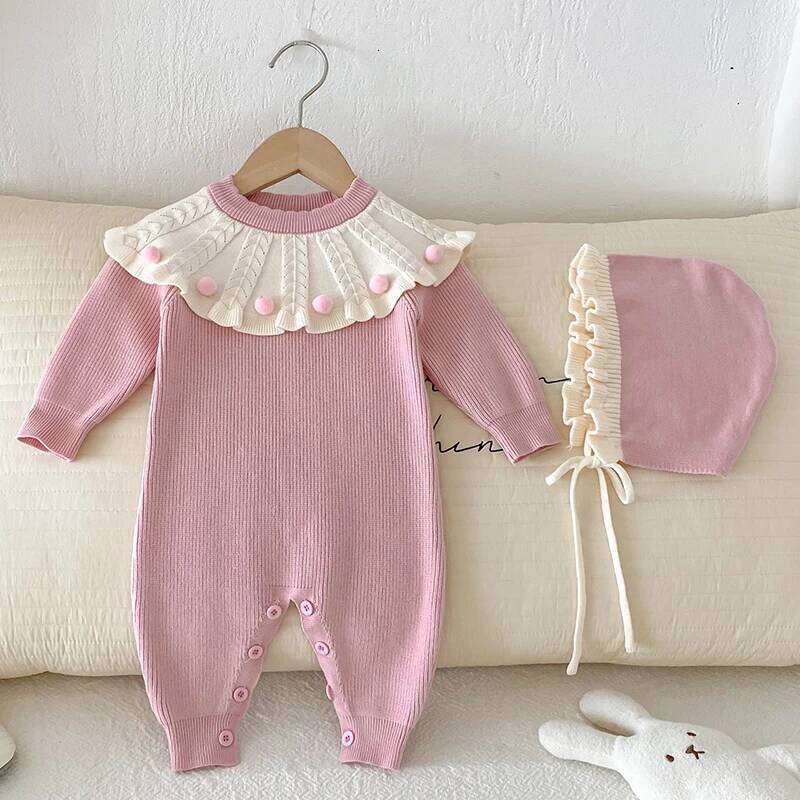 2025 New Autumn Children Clothes Infant Girls Long Sleeved Splicing Jumpsuit Newborn Baby Knitted Bodysuits+Hat Z260304