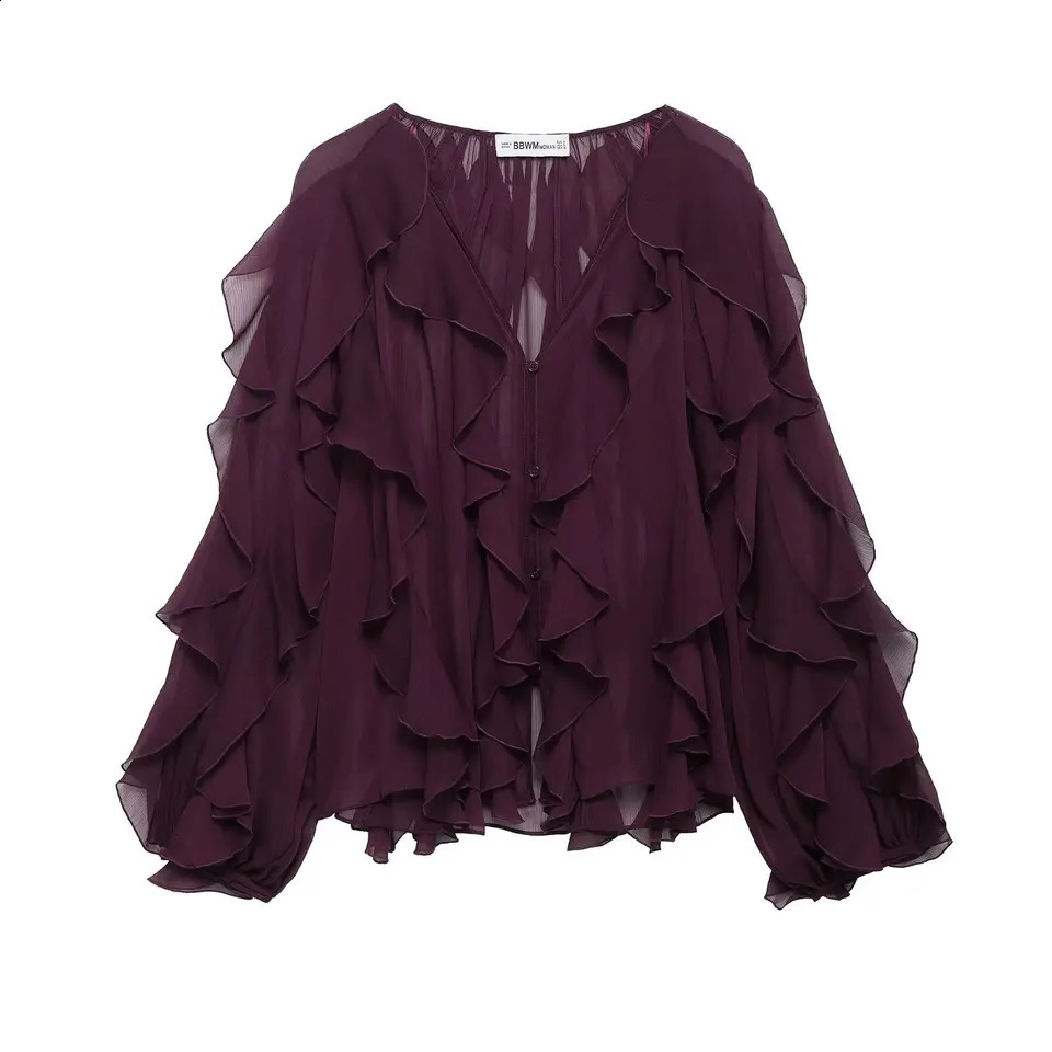 DUOPERI Women Fashion Solid Ruffled Blouse Vintage VNeck Long Sleeves Female Chic Lady Shirts 260228