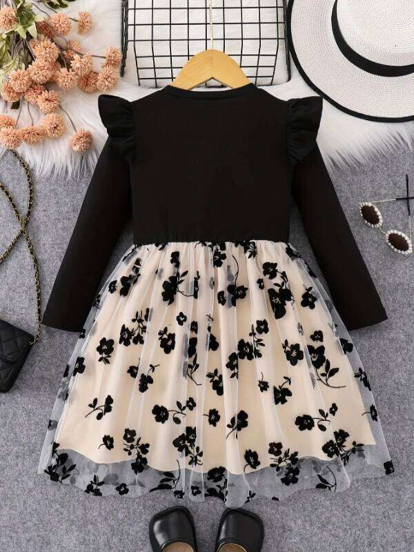 Spring Autumn Infant Toddler round Neck Fly Sleeve Splice Flower Print Tulle Casual Dress for Baby Girls Z260304