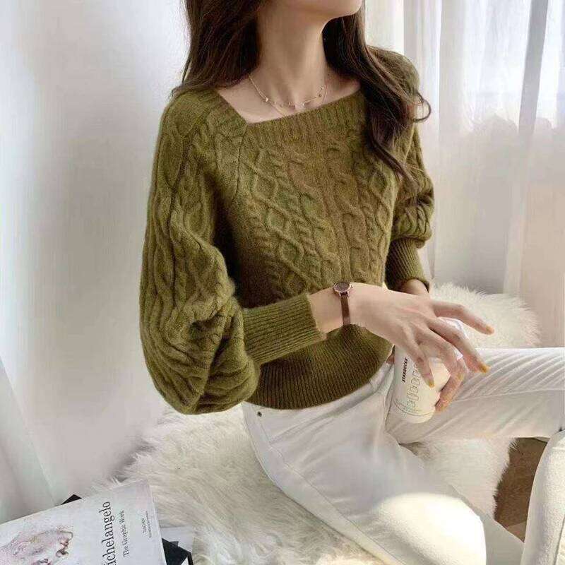 Elegant Square Neck Women's Retro Thickened Fried Dough Twists Sweater Autumn and Winter New Korean Style Loose Knit Top XJ260305