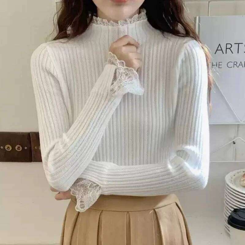 Women Lace Solid Basic Knitted Tops Turtleneck Long Sleeve Slim Casual Pullovers Korean Fashion Chic Autumn Winter Warm Sweater XJ260305