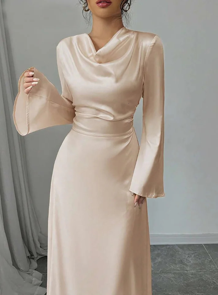 Maxi Dress Spring Summer Women Champagne Satin Cowl Neck Flared Sleeve Belted Elegant Luxurious Party Wedding Evening 260302