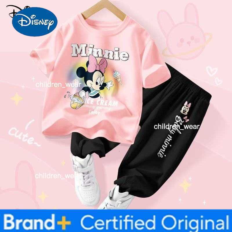 Disney Summer Baby Girl Clothes Set Children Minnie Cartoon Printing O-Neck T-shirt and Pants Two Pieces Suit Cotton Tracksuit H260305