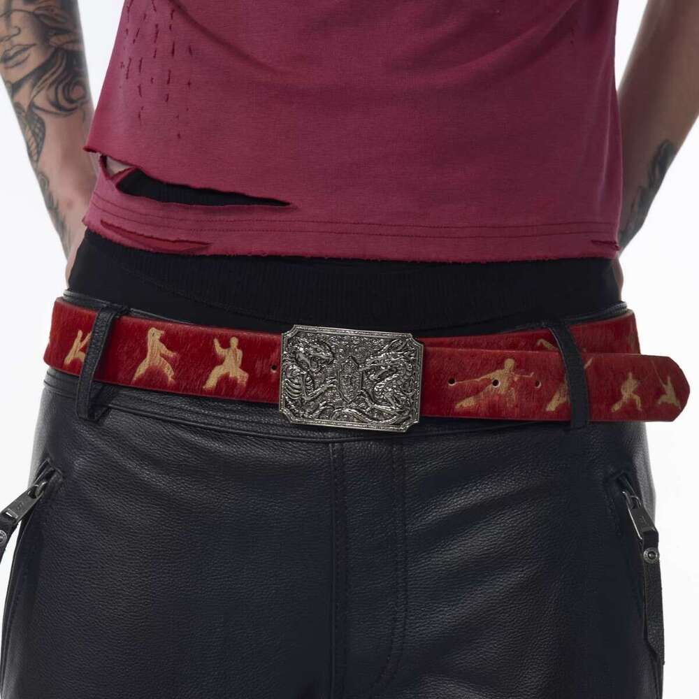 Martial Arts Burning Flower Figurine for Men Laser Engraved Double Dragon Metal Buckle Leather Belt Personalized Retro Decorative Waistband