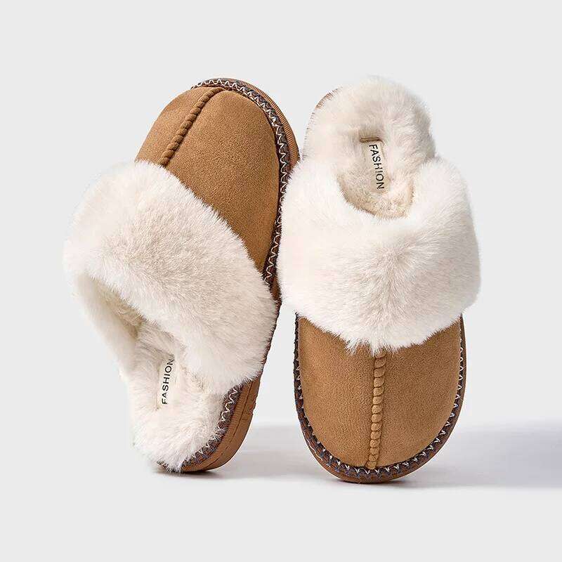 Kidmi Winter Suede Fuzzy Indoor Fluffy Antiskid House Warm Fur Cozy Women Cotton Slippers Short Plush Shoes