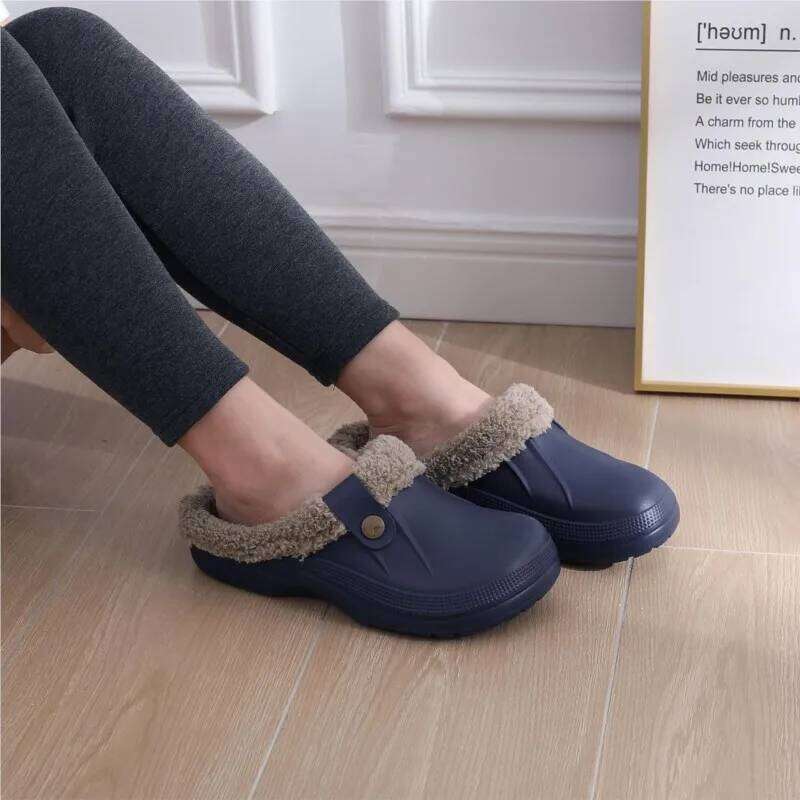 Kidmi Winter Fur Lined For Men and Women Slides Waterproof Non-slip Slippers Indoor Leisure Warm Garden Clogs Shoes