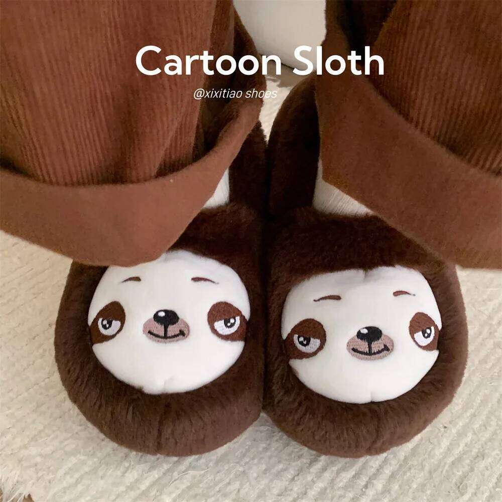 Indoor Cotton Slippers For Women Men Winter Warm Cute Cartoon Sloth Soft Plush Anti-slip Couples Home Floor Fluffy Shoes