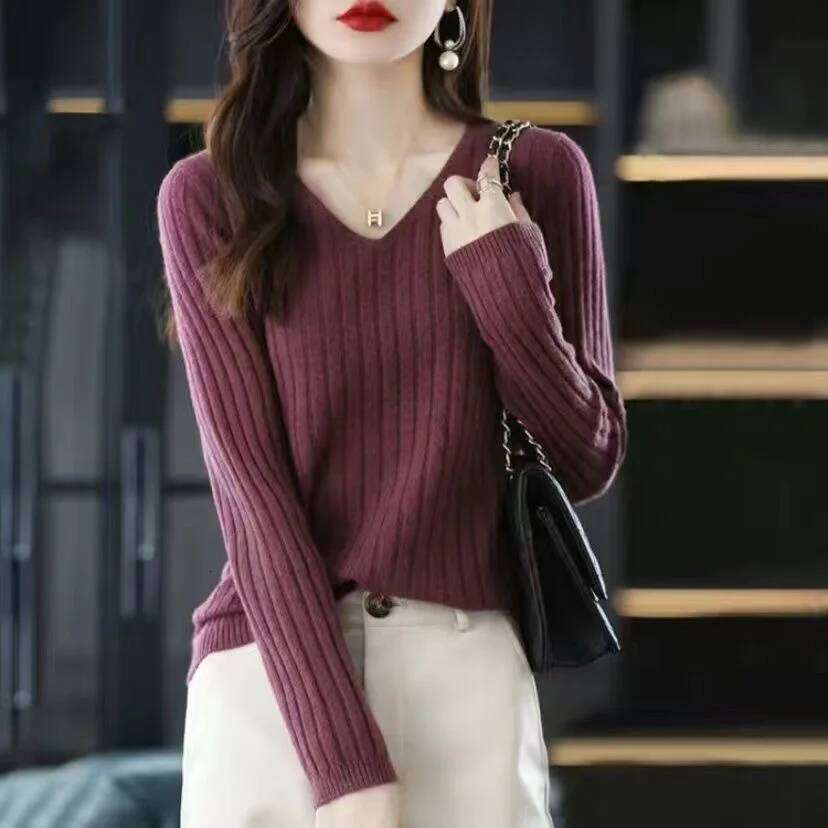 Women Long Sleeve Top Knitted Pullover V-Neck Fashion Woman Winter Basic Female Clothing Soild OL Sweater DF4933 XJ260305