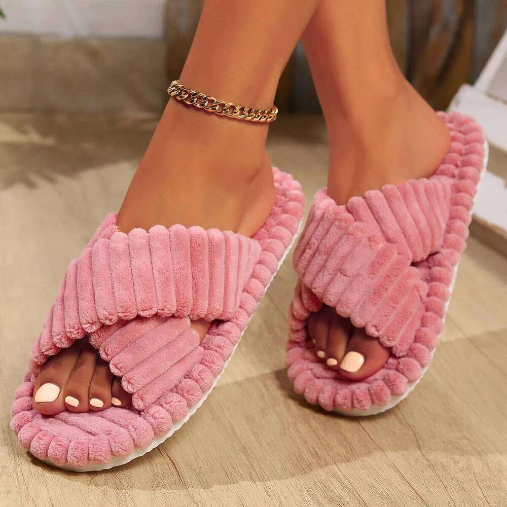 Fashion Corduroy Cross Band Open Toe Home Slippers Women Spring Summer Cotton Shoes Anti-slip Ladies Bedroom Soft Sole Slides