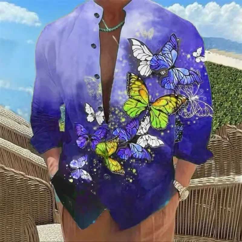 Mens Shirt 6-color Hawaiian 3D Mens Long Sleeved Shirt Butterfly Single Button Fashionable Casual Shirt M260305