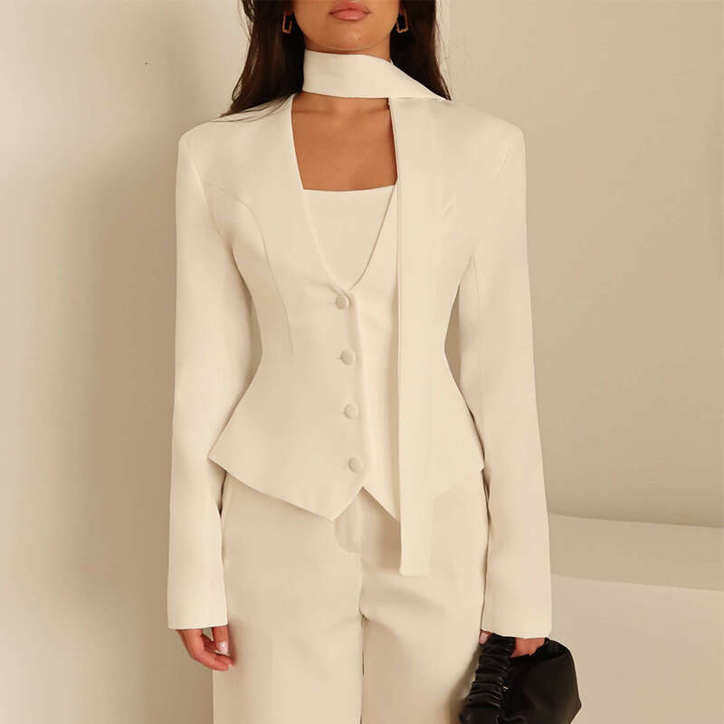 2025 New Fashion Solid Color V-Neck Scarf Decorated Long Sleeve Casual Blazer Jacket Top