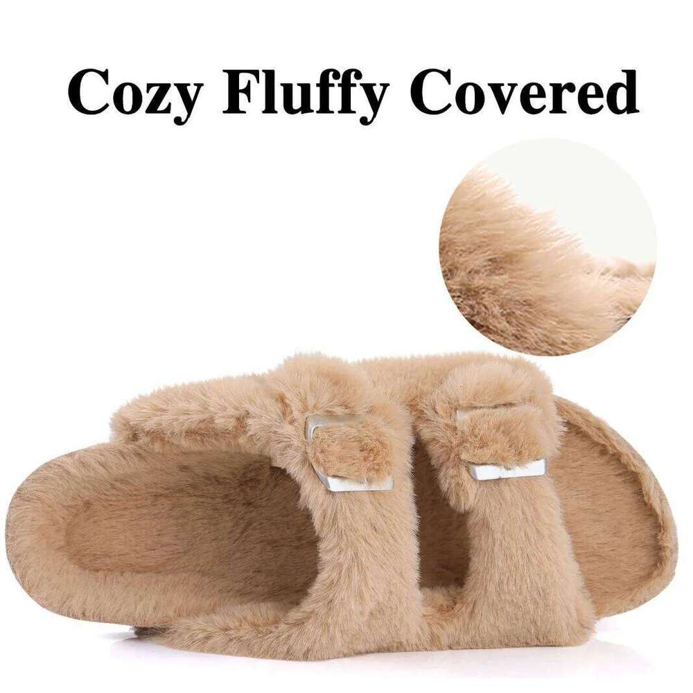 Kidmi Women's Fuzzy Footbed Fluffy Slide Sandals Classic Indoor House Shoes Fashion Cork Open Toe Women Slippers
